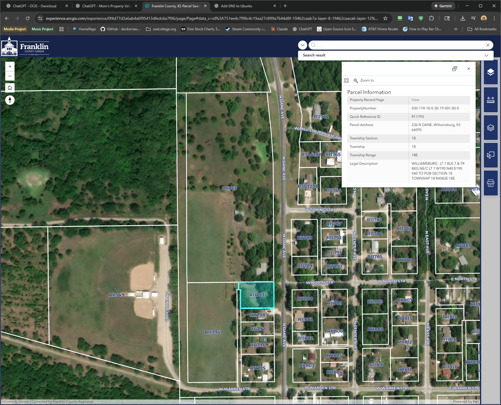 Satellite view — 236 N Dane, Williamsburg, KS (0.59 acres, Parcel 030-174-18-0-30-19-001.00-0)