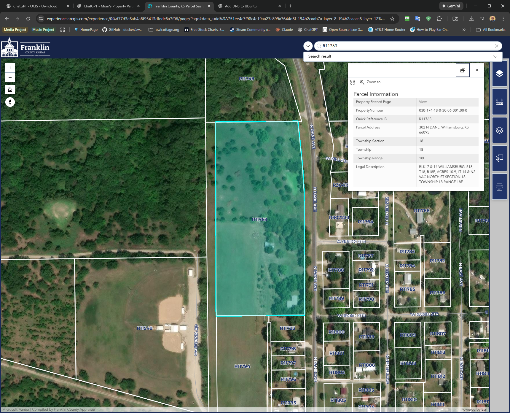 Satellite view — 302 N Dane, Williamsburg, KS (10.9 acres, Parcel 030-174-18-0-30-06-001.00-0)
